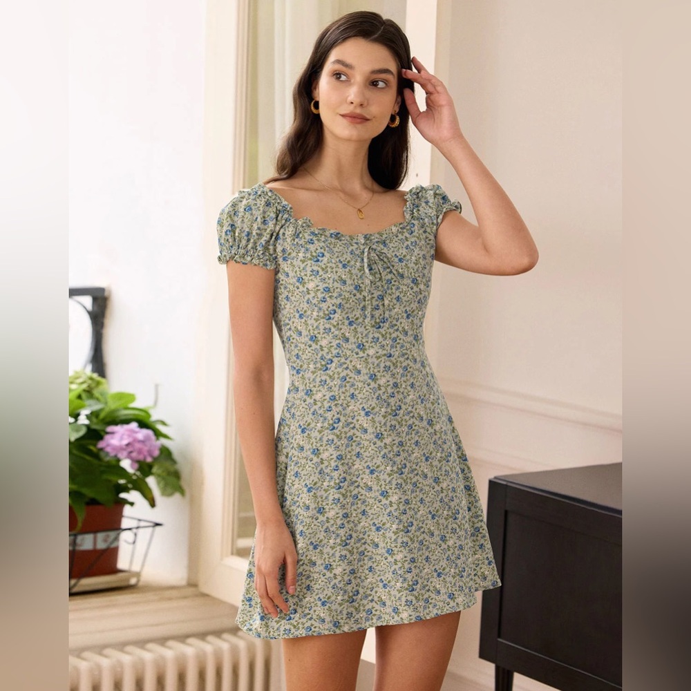 RIHOAS Blue Floral Puff-Sleeve Midi Dress